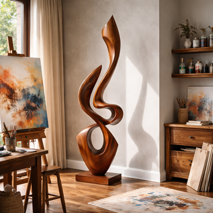 Tall Abstract Solid Wood Sculpture for Modern Home Interior