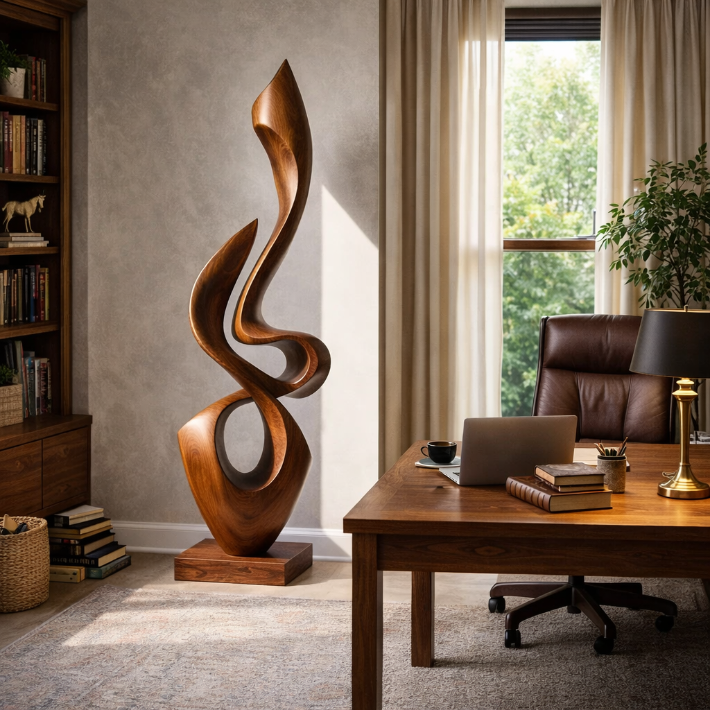 Tall Abstract Solid Wood Sculpture for Modern Home Interior