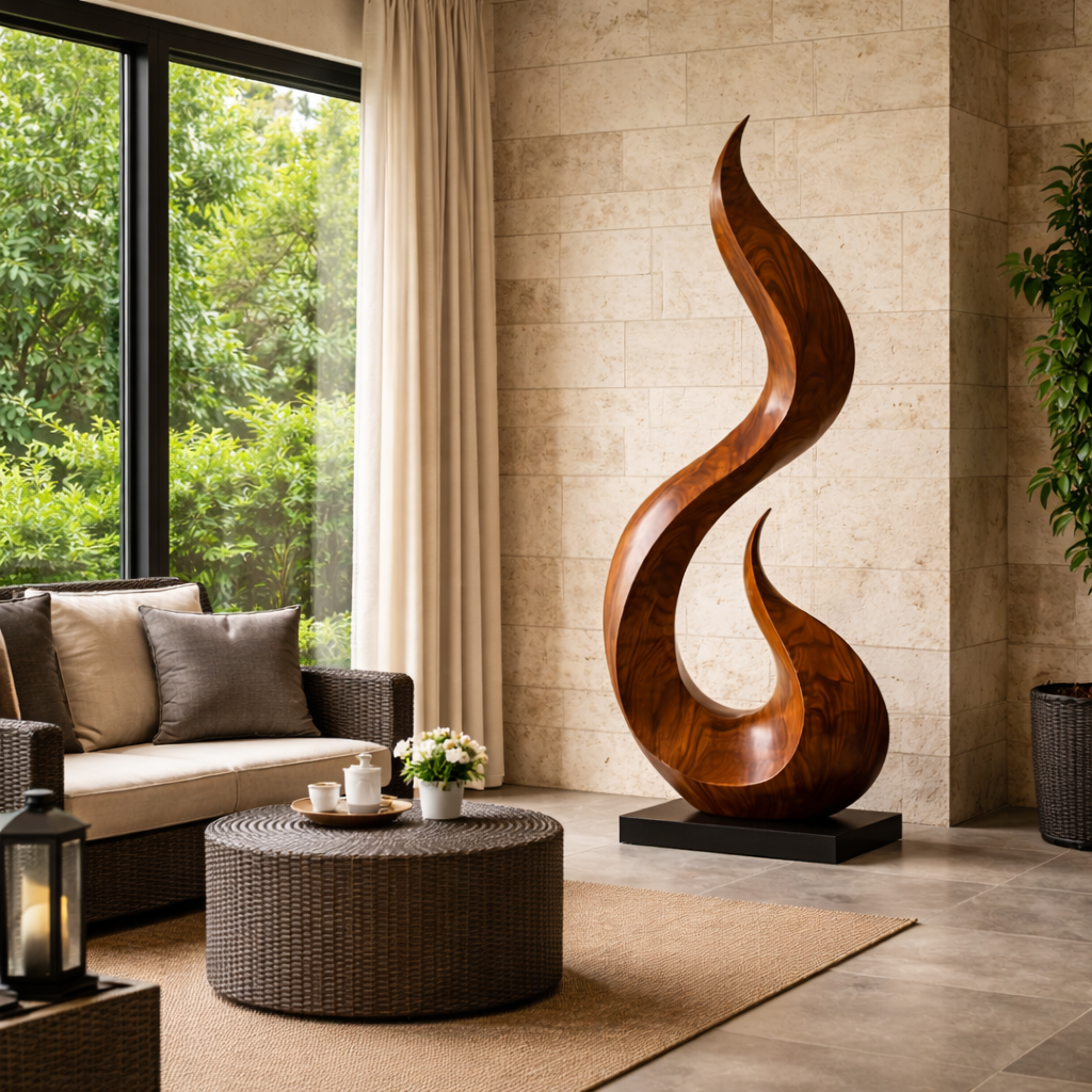 Modern Flame Form Natural Wood Floor Sculpture