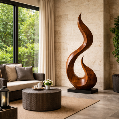 Modern Flame Form Natural Wood Floor Sculpture