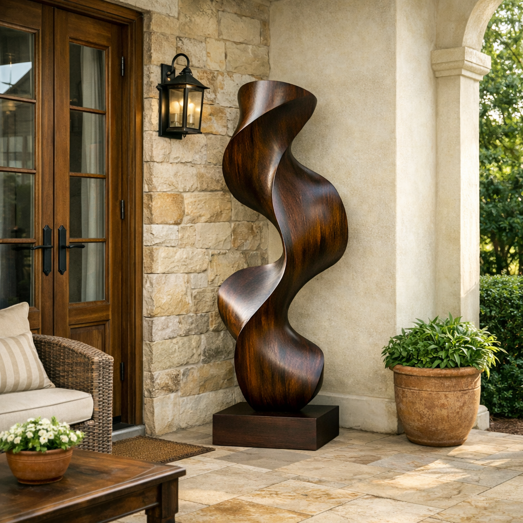 Outdoor Spiral Sculpture in Natural Wood for Garden Landscapes
