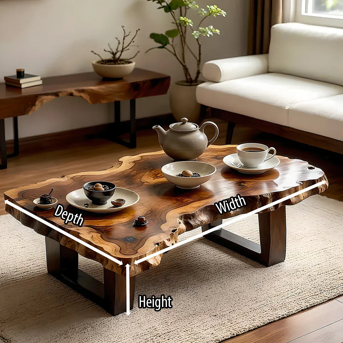 Organic Live Edge Solid Wood Coffee Table with Sculpted Natural Form
