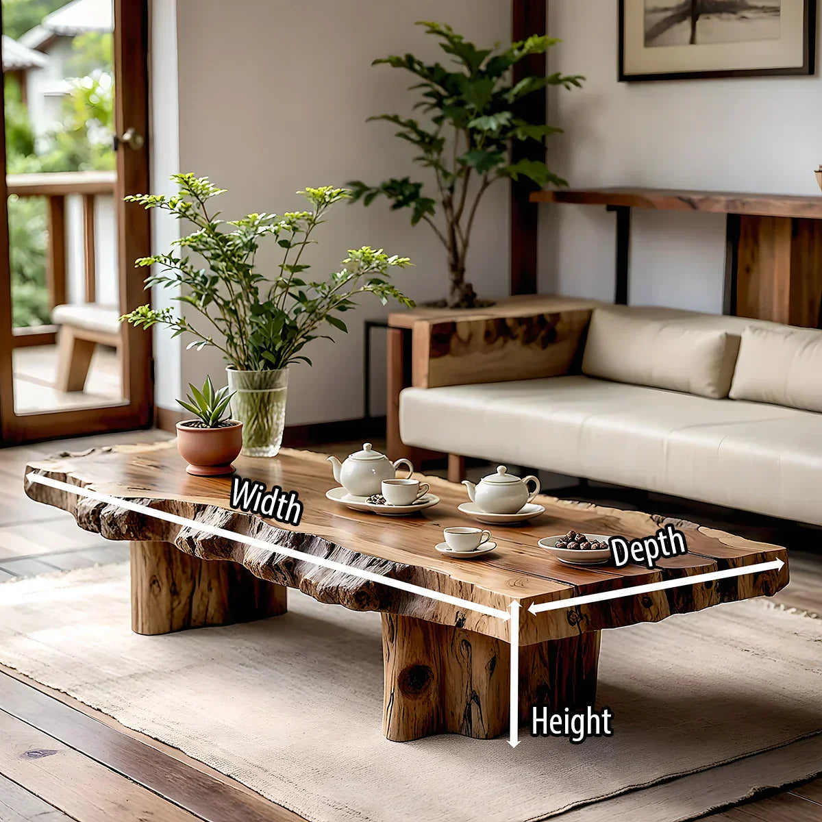 Live Edge Solid Wood Coffee Table with Rustic Block Base