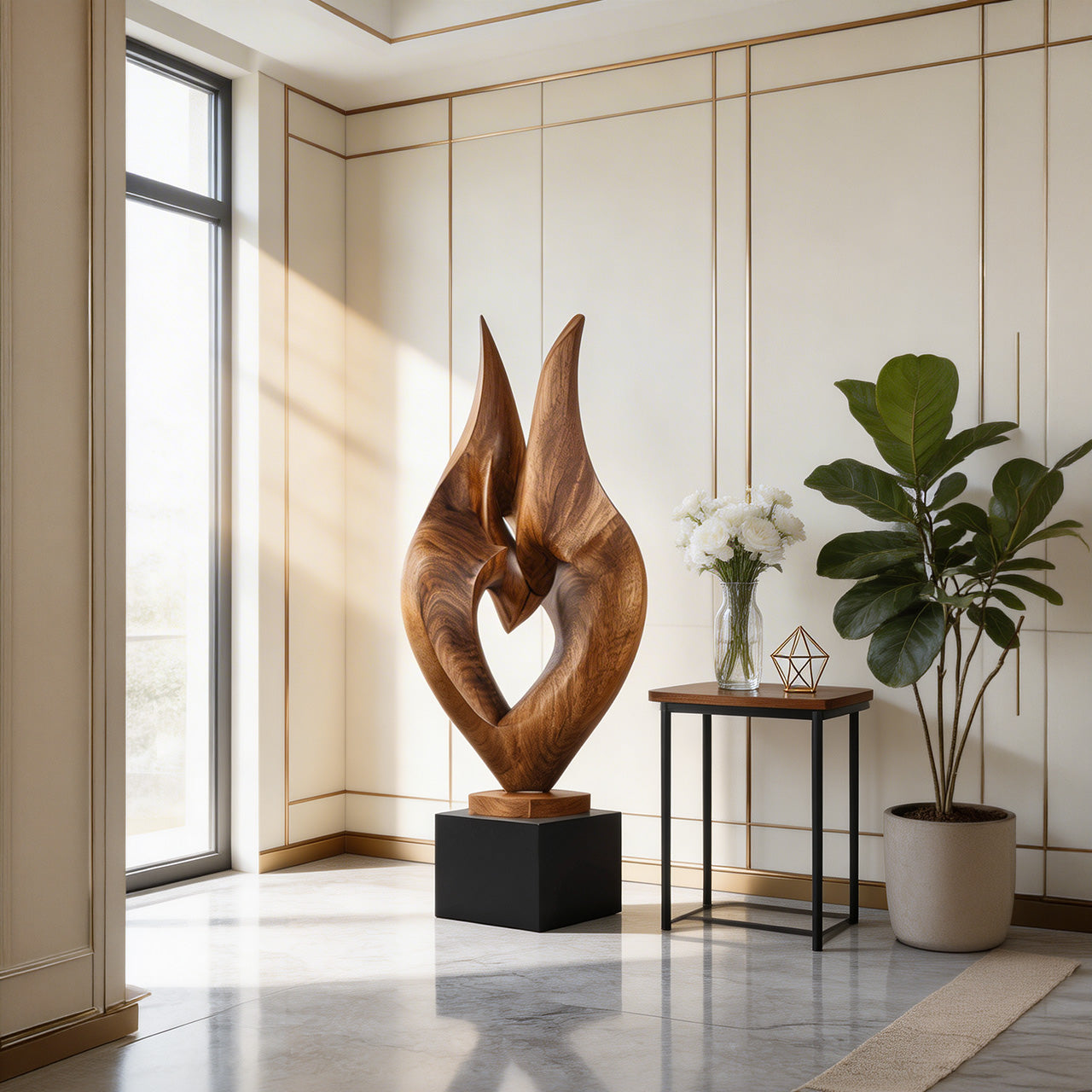 Abstract Embrace Sculpture in Natural Wood with Intertwined Form