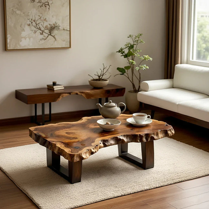 Organic Live Edge Solid Wood Coffee Table with Sculpted Natural Form