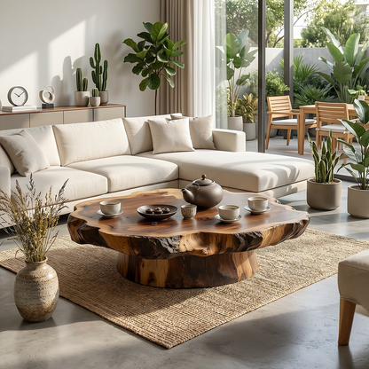 Round Live Edge Wood Coffee Table with Pedestal Base