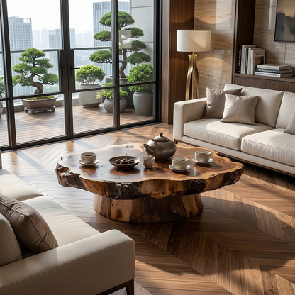 Round Live Edge Wood Coffee Table with Pedestal Base