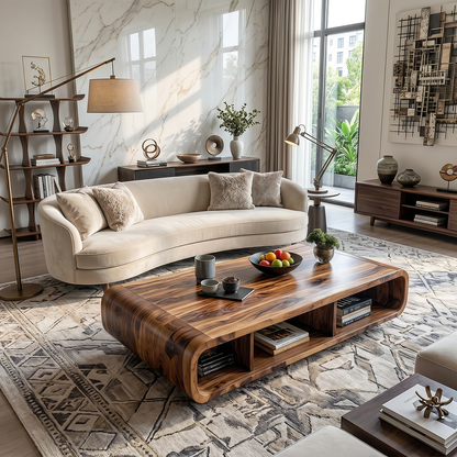 Live Edge Curved Wood Coffee Table with Open Shelf Storage