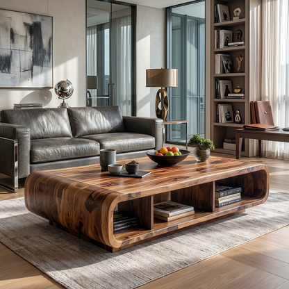 Live Edge Curved Wood Coffee Table with Open Shelf Storage