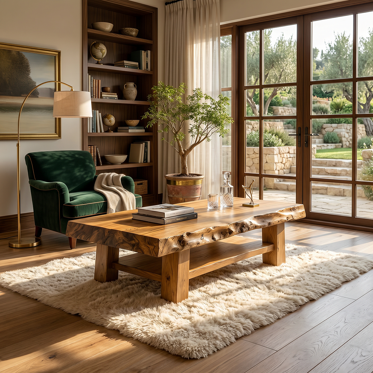 Solid Wood Coffee Table with Live Edge Top and Open Shelf Base