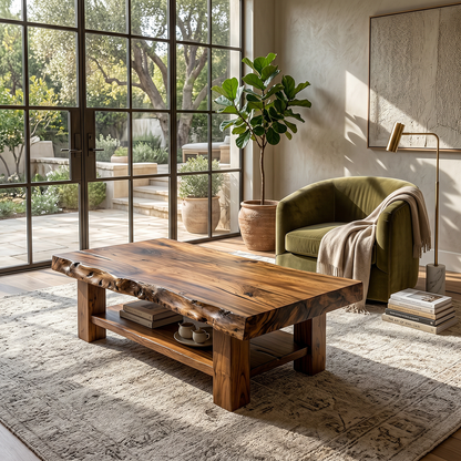 Solid Wood Coffee Table with Live Edge Top and Open Shelf Base