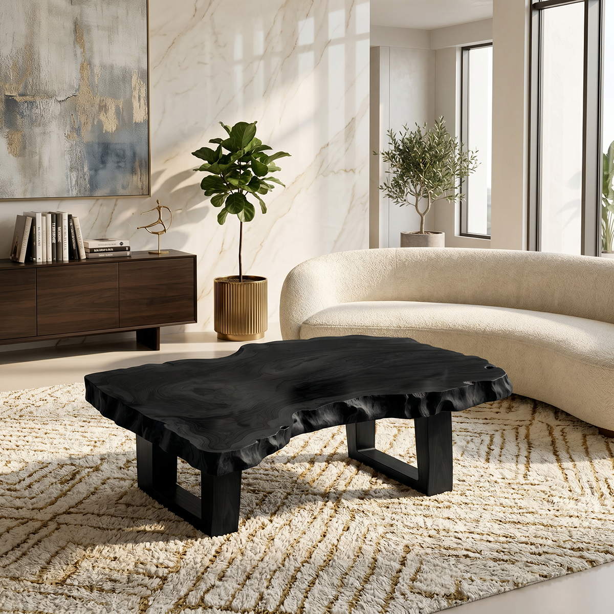 Organic Live Edge Solid Wood Coffee Table with Sculpted Natural Form