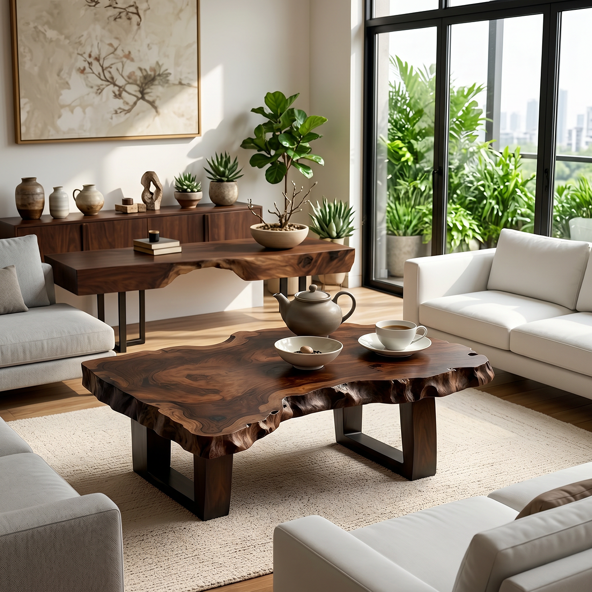 Organic Live Edge Solid Wood Coffee Table with Sculpted Natural Form