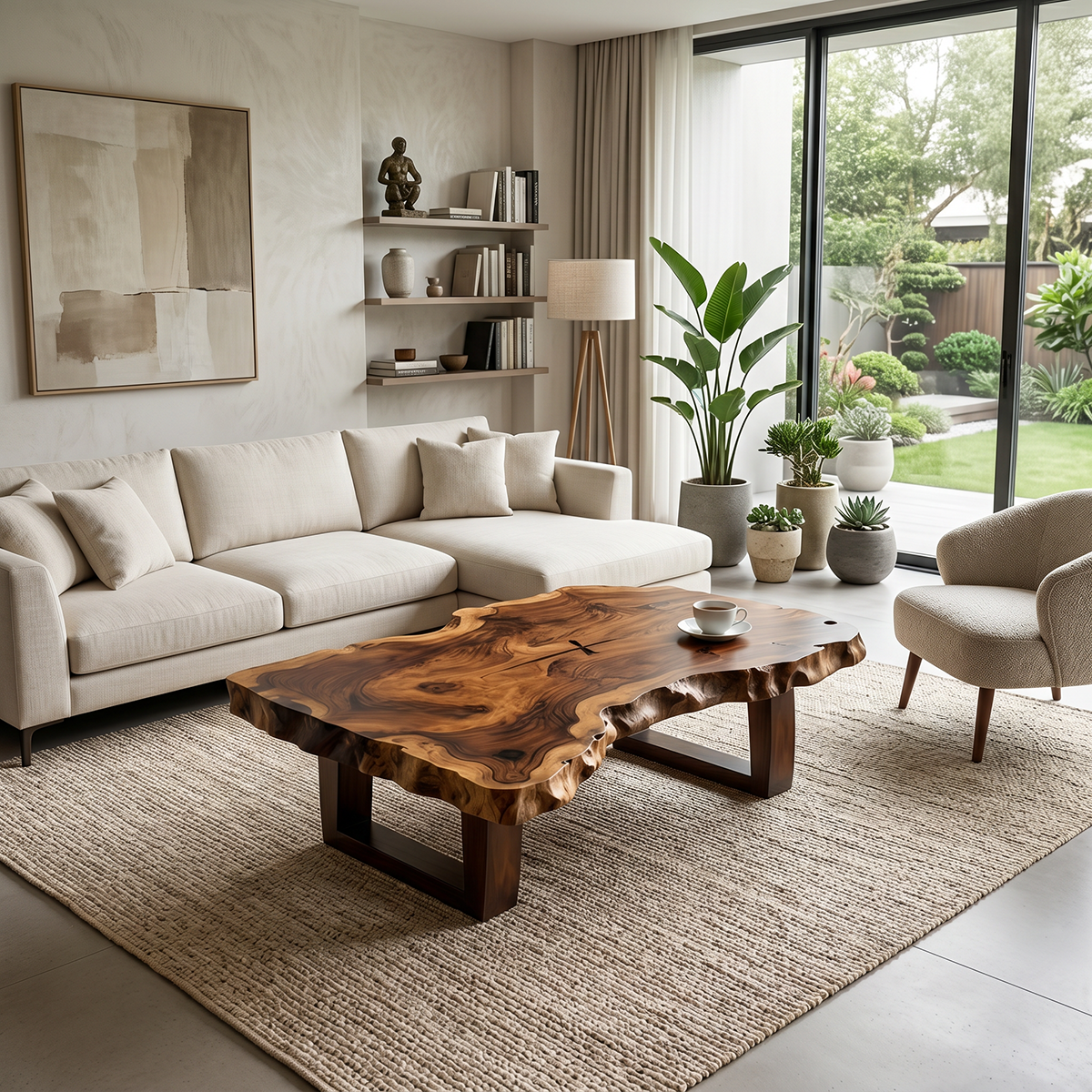 Organic Live Edge Solid Wood Coffee Table with Sculpted Natural Form