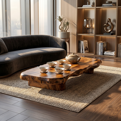 Organic Solid Wood Tea Table with Sculpted Base and Live Edge Form