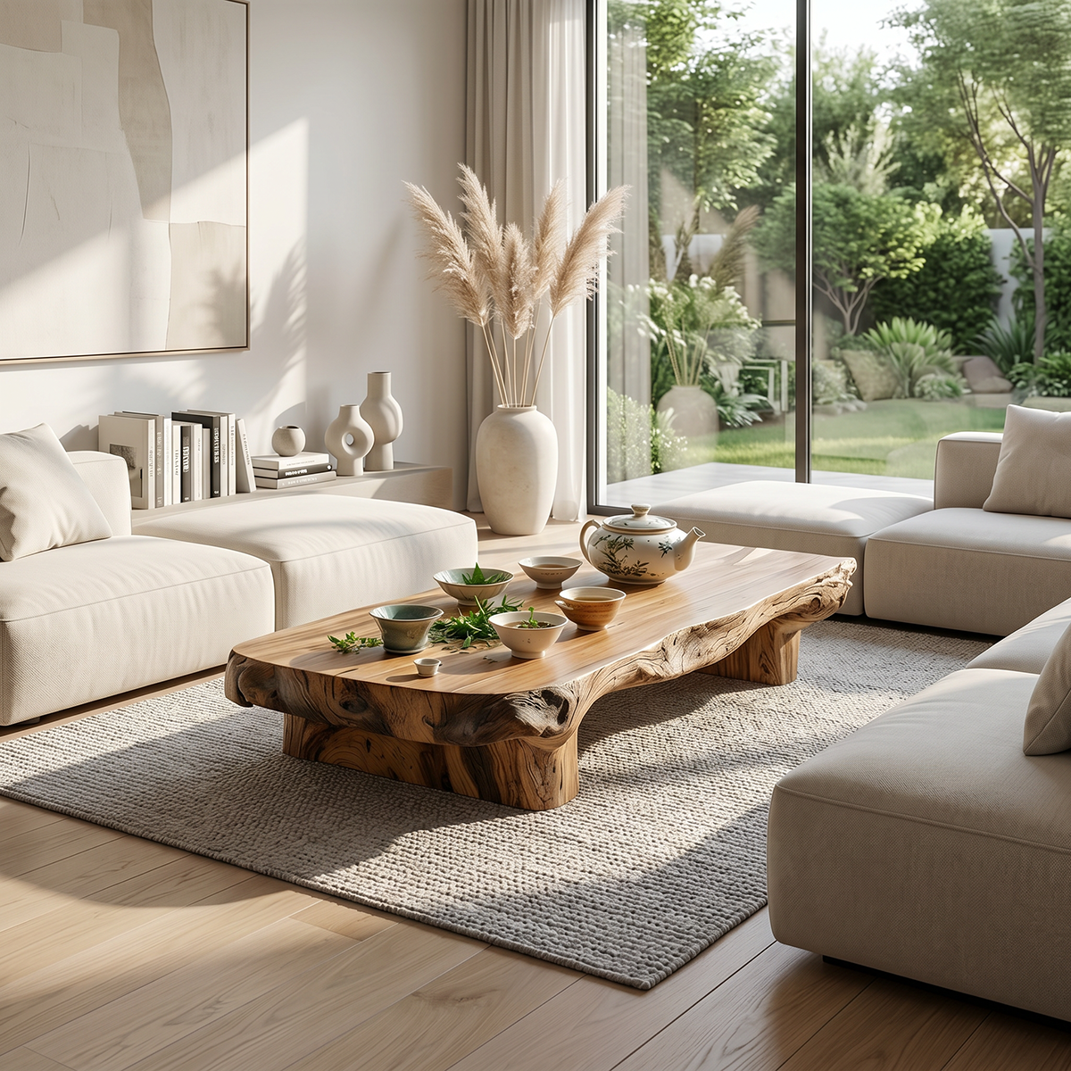 Low Solid Wood Tea Table with Natural Live Edge and Organic Base