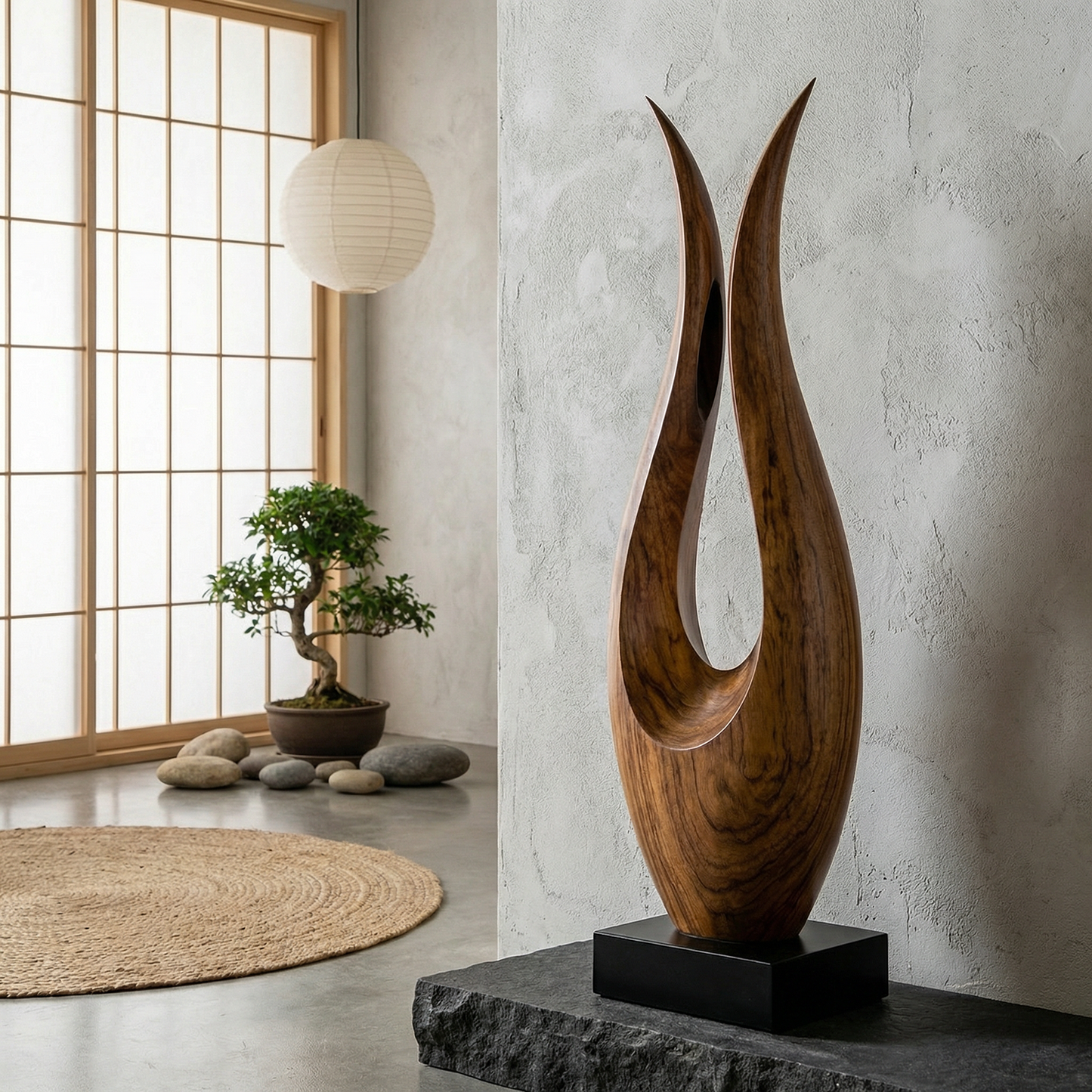 Minimalist Open Flame Wood Sculpture Floor Decor