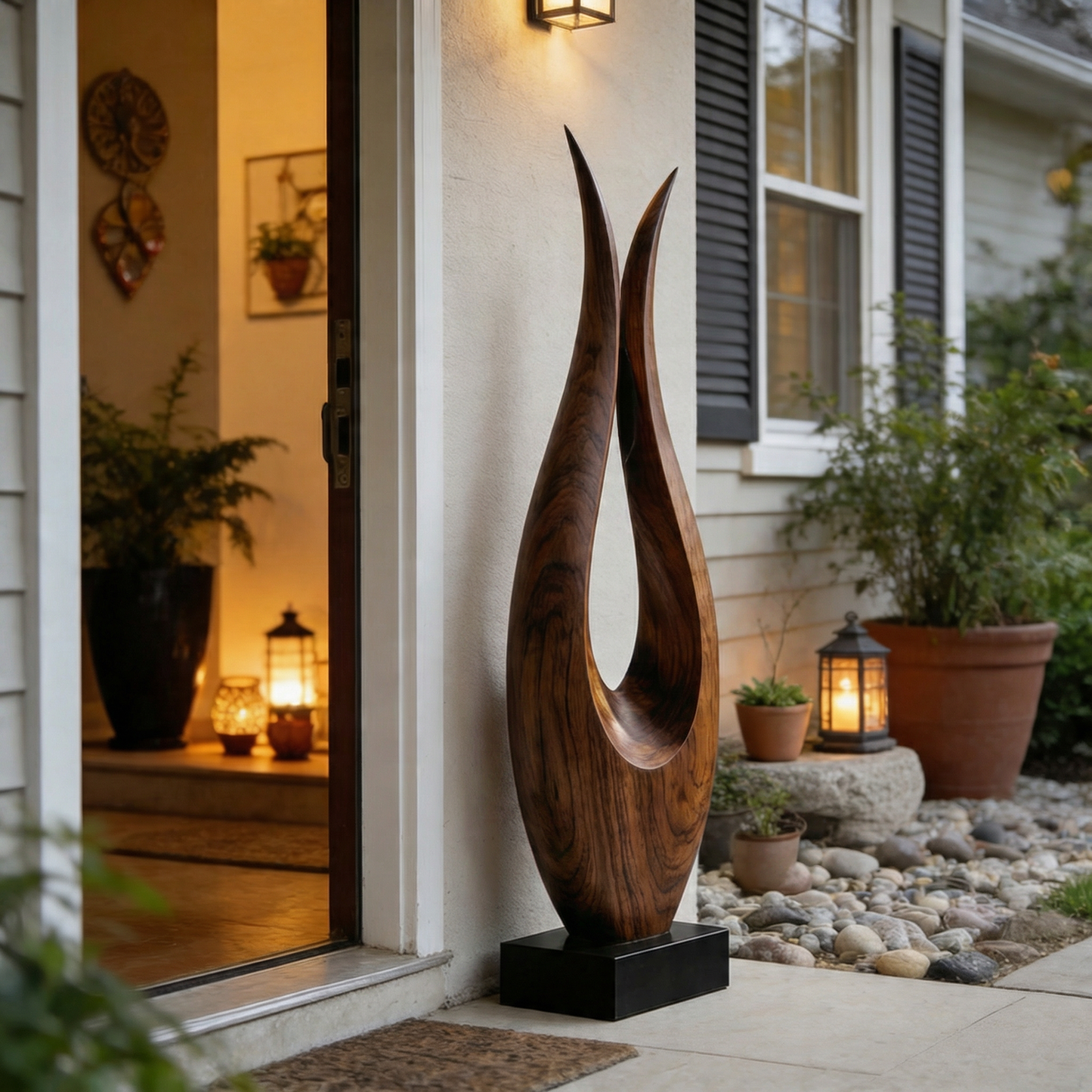 Minimalist Open Flame Wood Sculpture Floor Decor