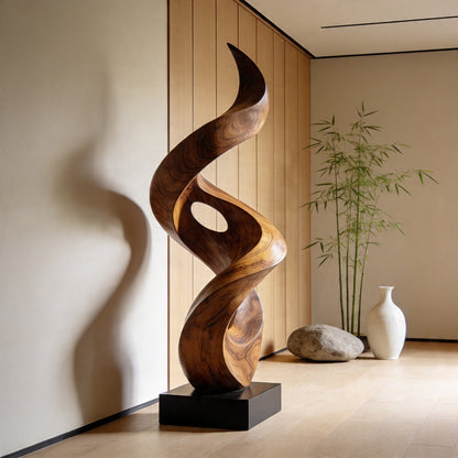 Organic Spiral Wood Sculpture With Open Carved Form