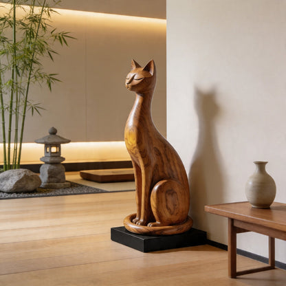 Minimalist Sitting Cat Wood Sculpture