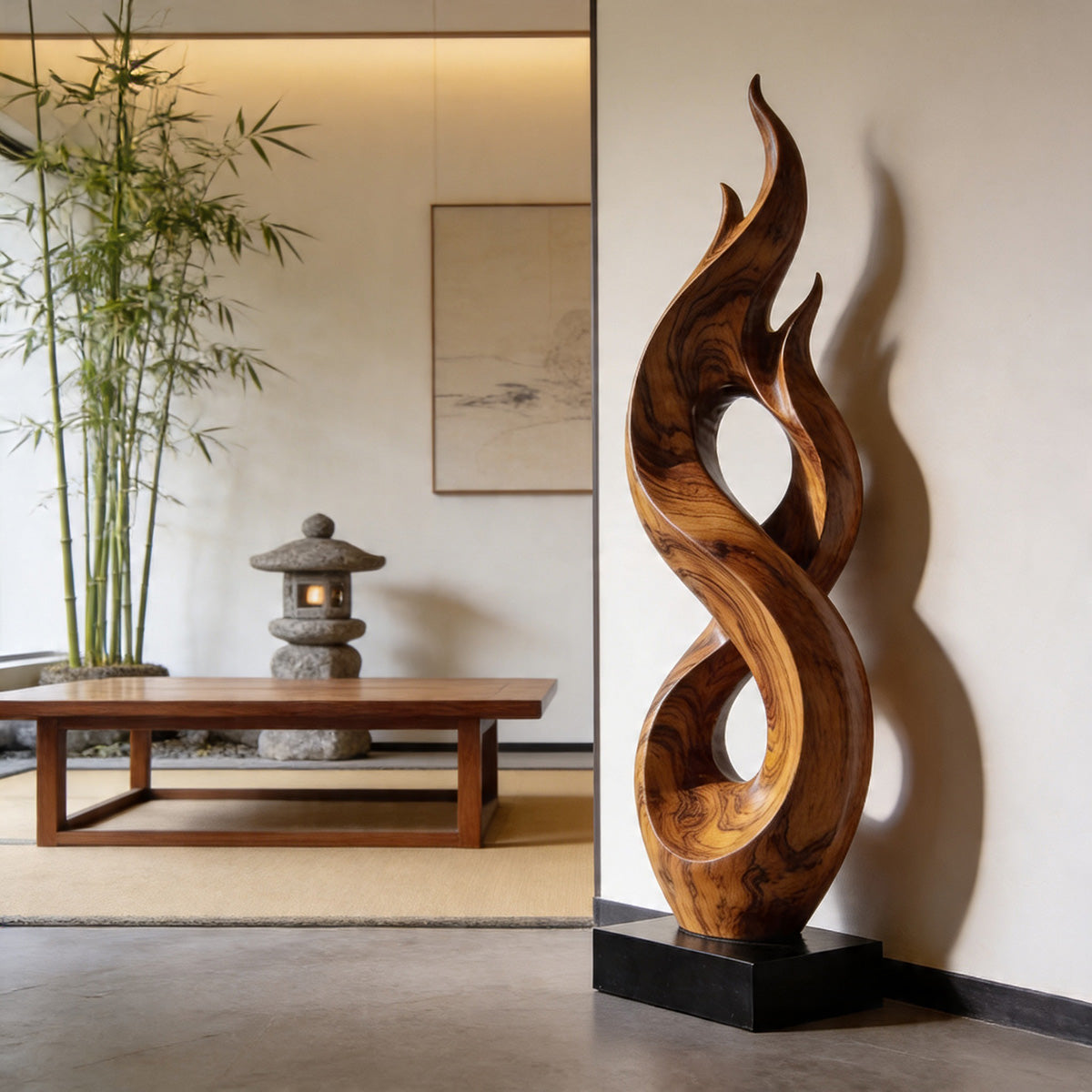 Flame Form Abstract Wood Sculpture Floor Art