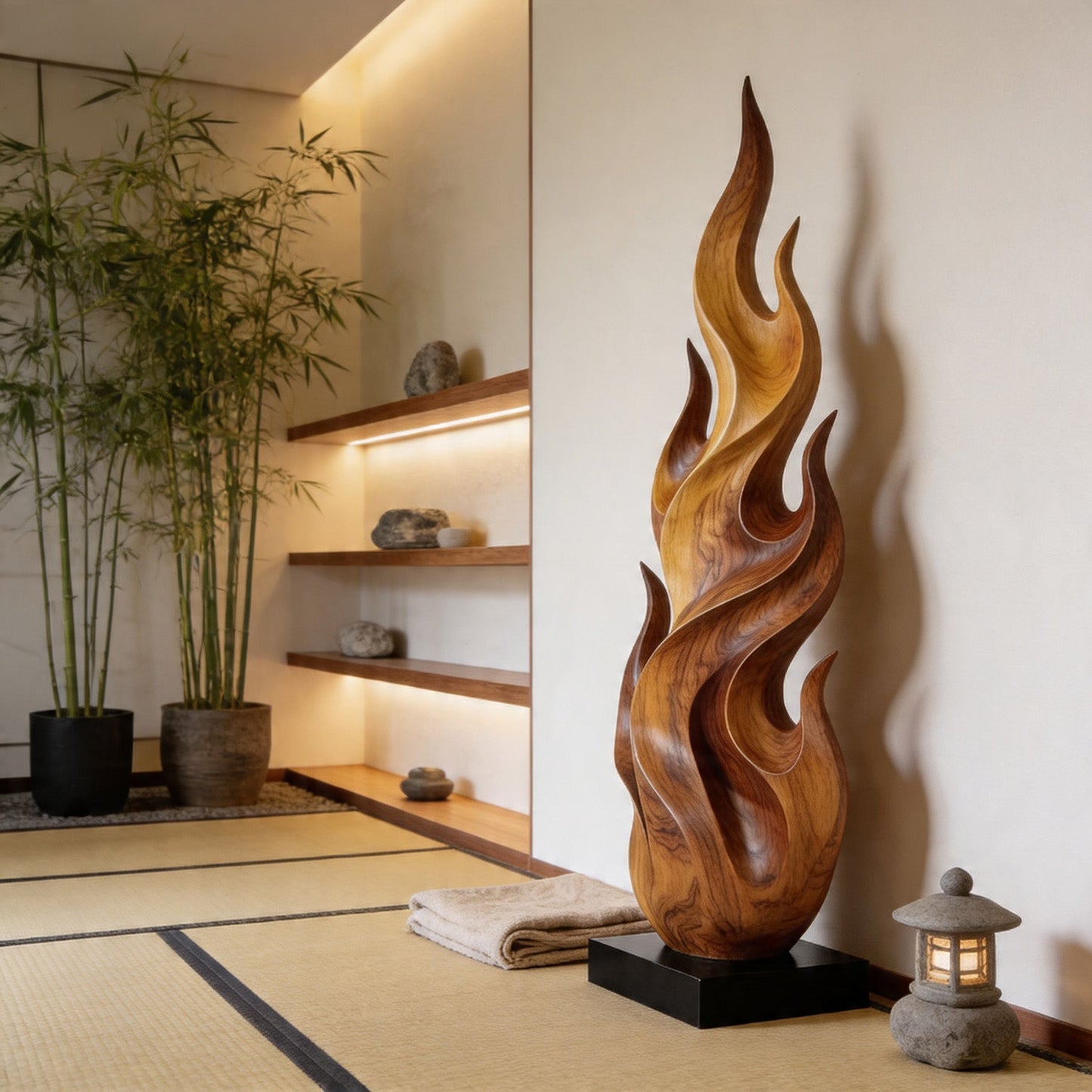 Flame Inspired Abstract Wood Sculpture Floor Decor