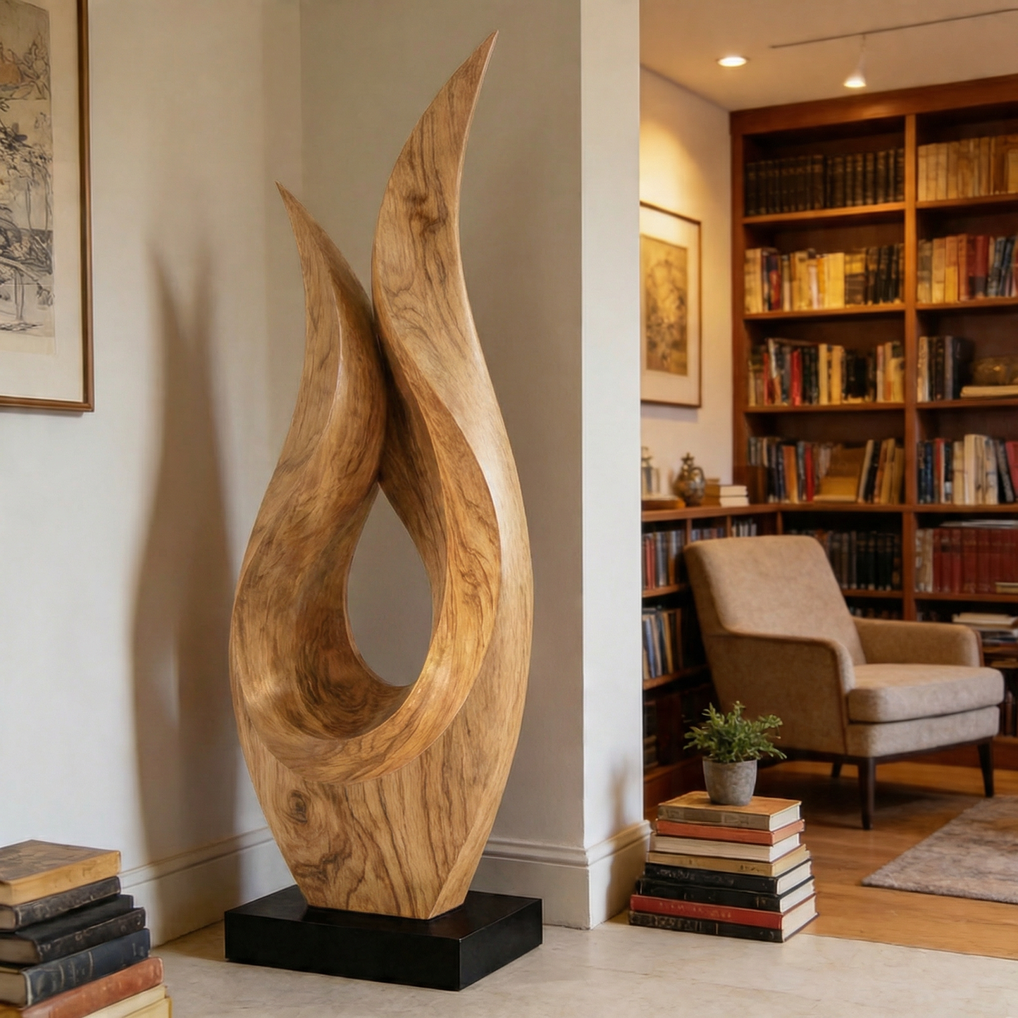 Dual Flame Openwork Abstract Wood Sculpture Decor