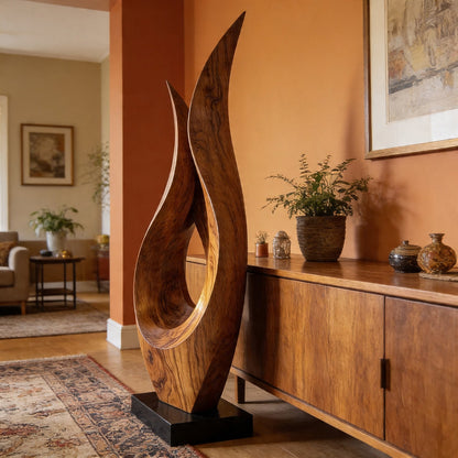 Dual Flame Openwork Abstract Wood Sculpture Decor