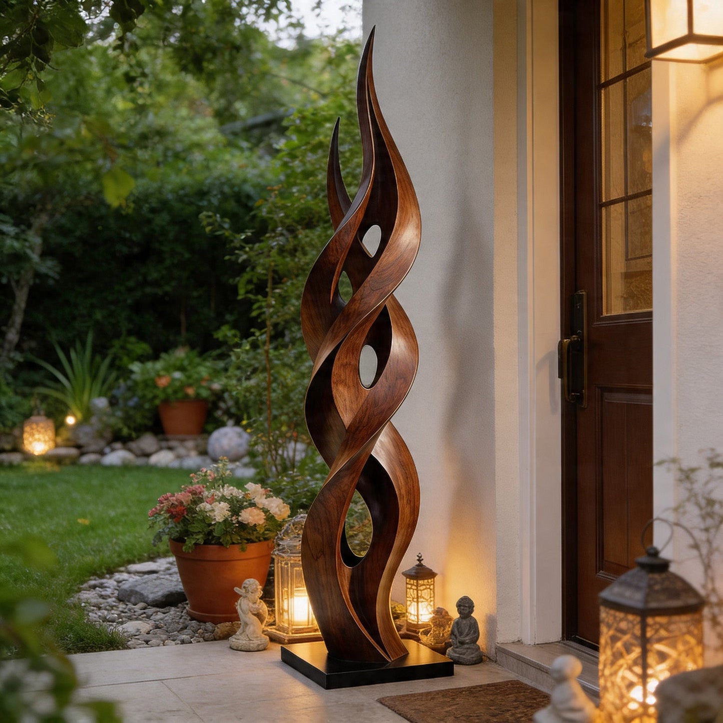 Contemporary Twisting Flame Wood Sculpture Floor Art