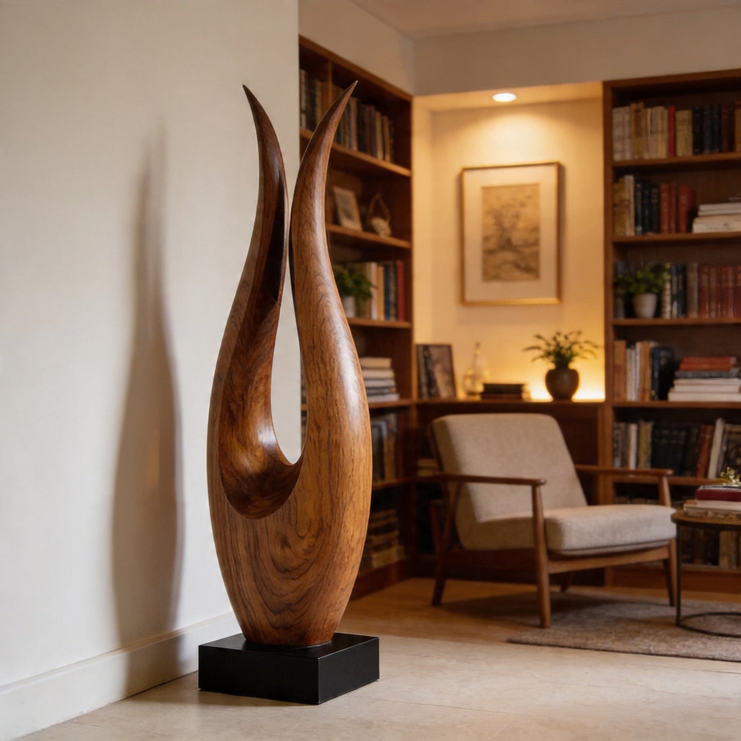 Minimalist Open Flame Wood Sculpture Floor Decor