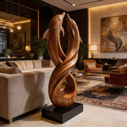 Twin Dolphin Infinity Wood Sculpture