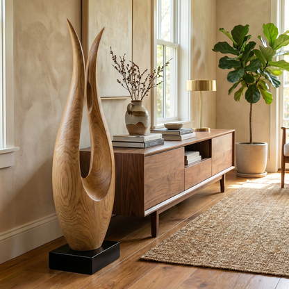Minimalist Open Flame Wood Sculpture Floor Decor