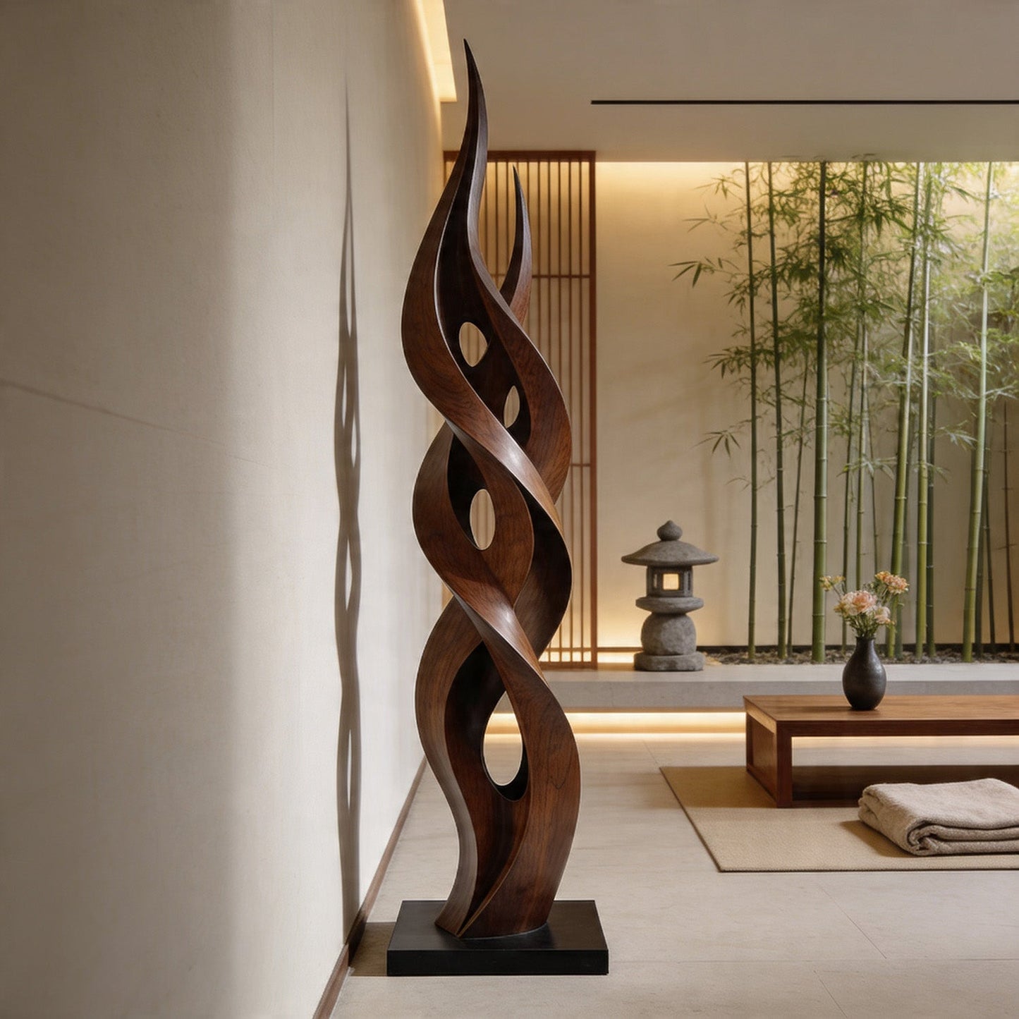 Contemporary Twisting Flame Wood Sculpture Floor Art
