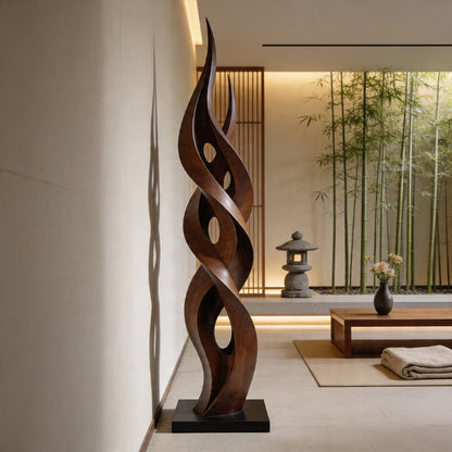 Contemporary Twisting Flame Wood Sculpture Floor Art