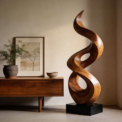 Organic Spiral Wood Sculpture With Open Carved Form