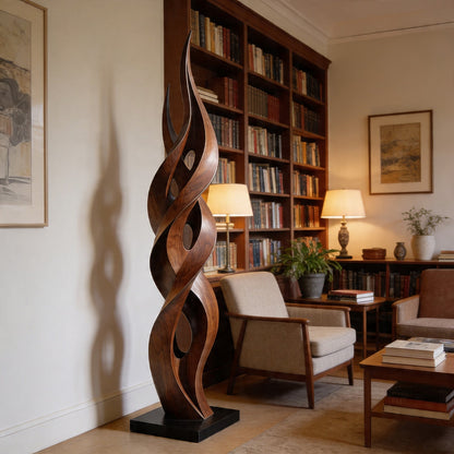 Contemporary Twisting Flame Wood Sculpture Floor Art