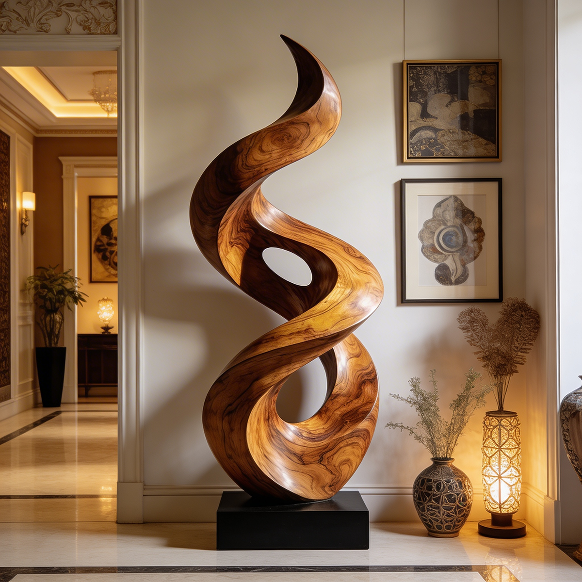Organic Spiral Wood Sculpture With Open Carved Form