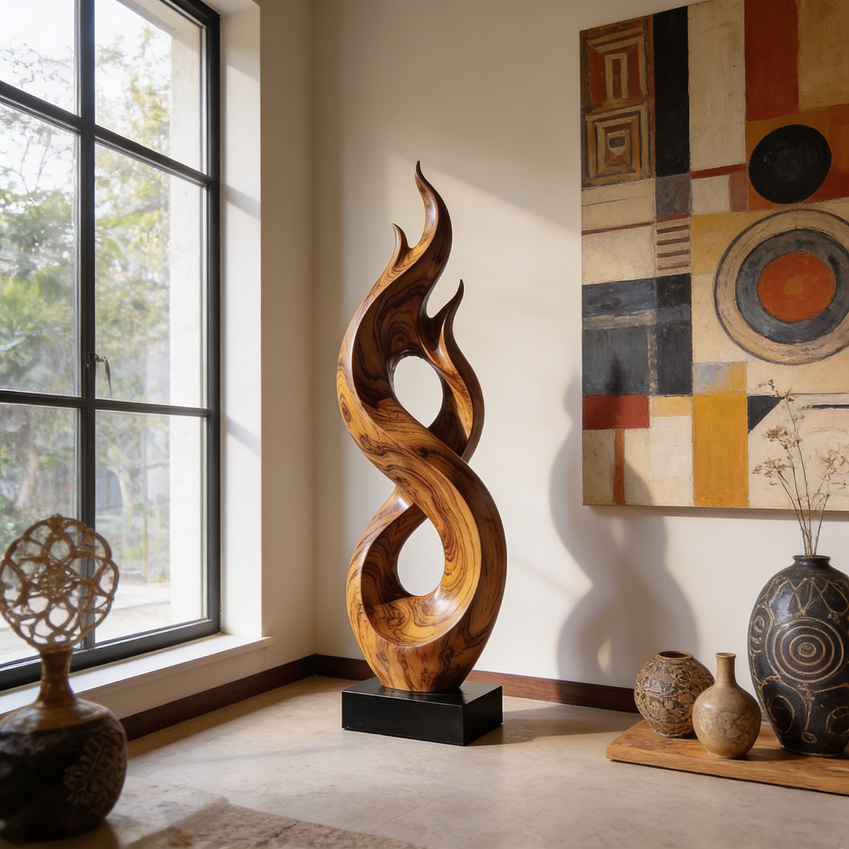 Flame Form Abstract Wood Sculpture Floor Art
