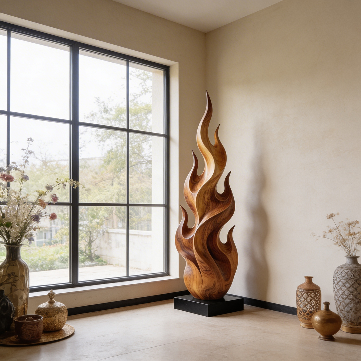 Flame Inspired Abstract Wood Sculpture Floor Decor