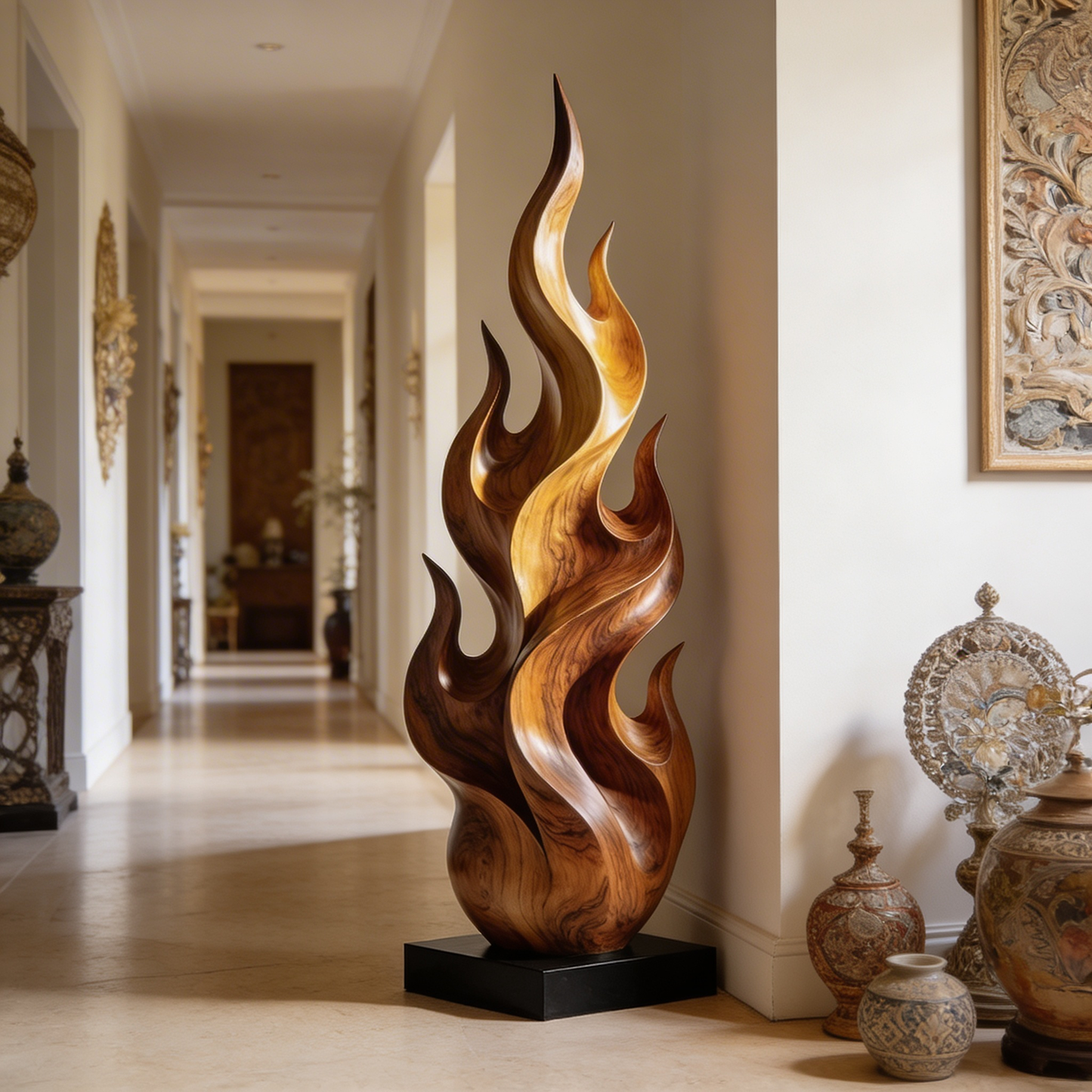 Flame Inspired Abstract Wood Sculpture Floor Decor