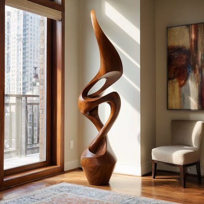 Contemporary Floor Sculpture in Natural Wood with Open Curves