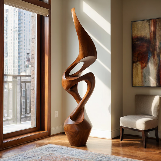 Contemporary Floor Sculpture in Natural Wood with Open Curves