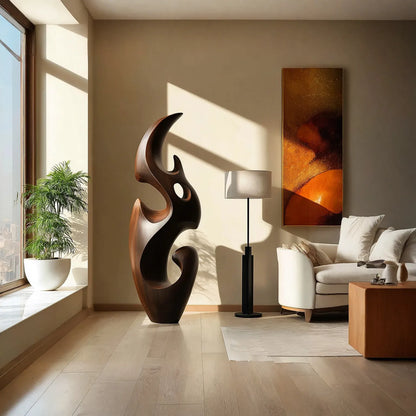 Contemporary Floor Sculpture With Fluid Natural Wood Form