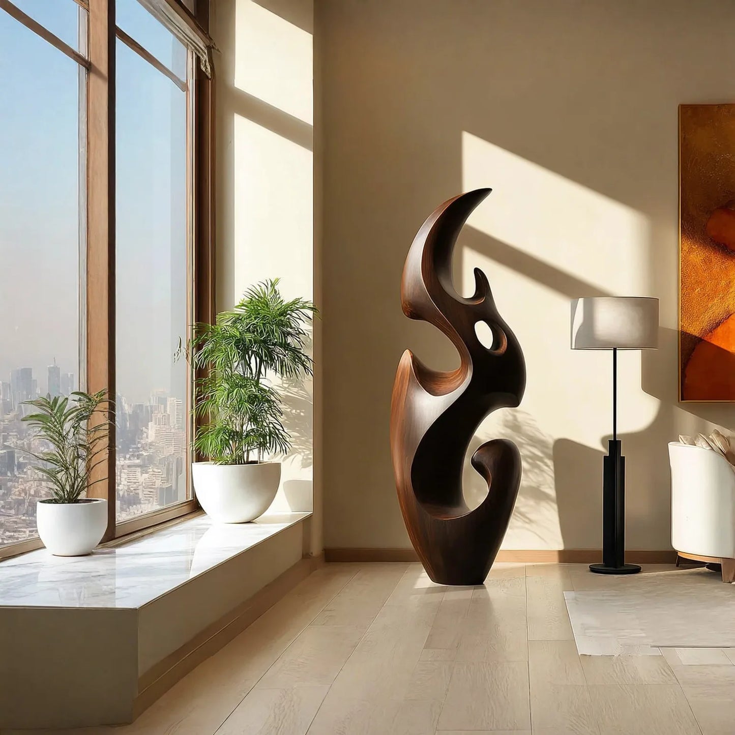 Contemporary Floor Sculpture With Fluid Natural Wood Form