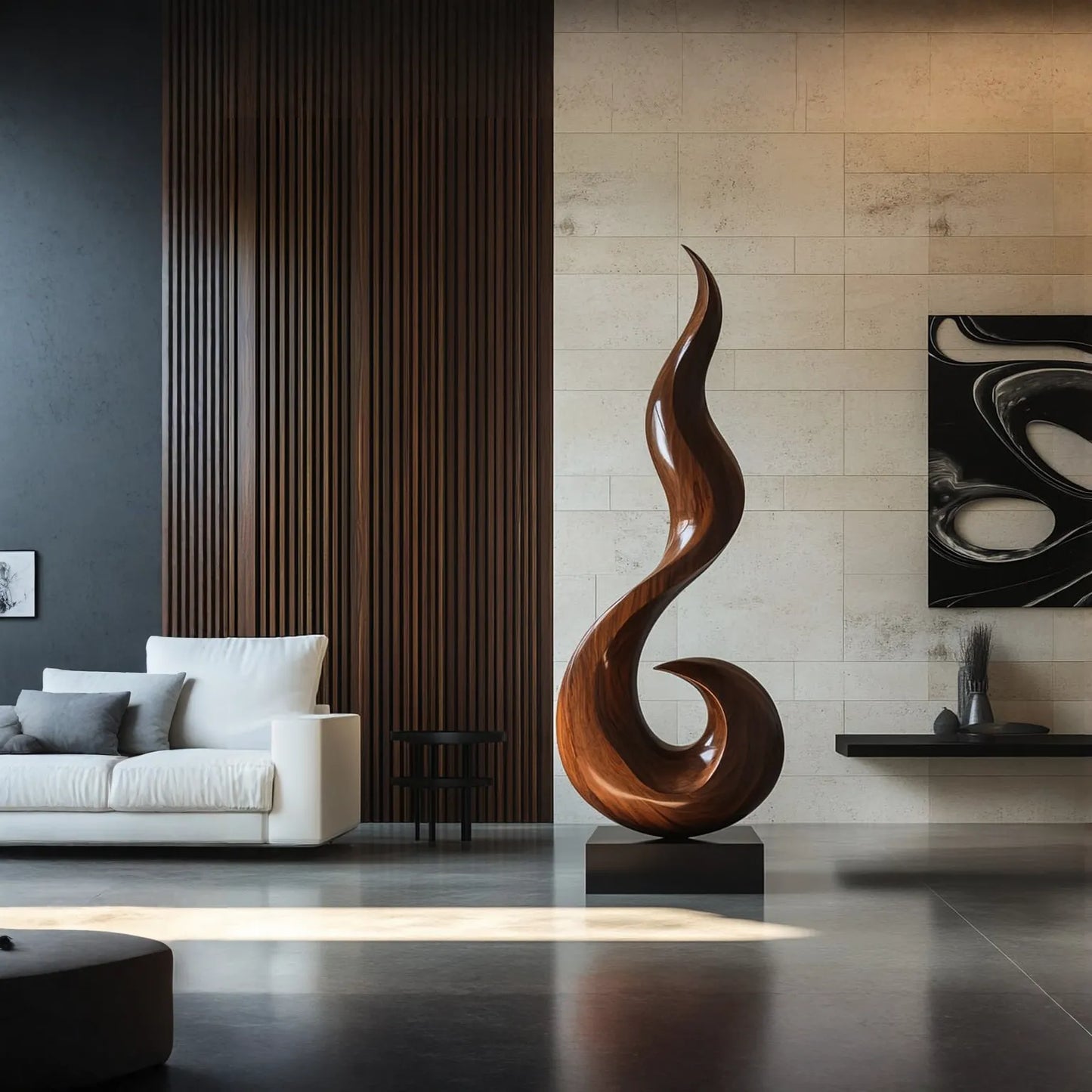 Modern Flame Form Sculpture in Natural Wood for Living Spaces