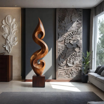 Elegant Spiral Floor Sculpture in Natural Wood Accent