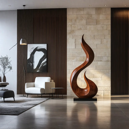 Modern Flame Form Natural Wood Floor Sculpture