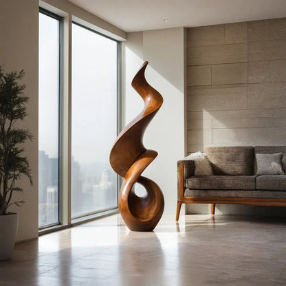 Abstract Twisted Solid Wood Sculpture Handcarved Modern Wooden Floor Statue