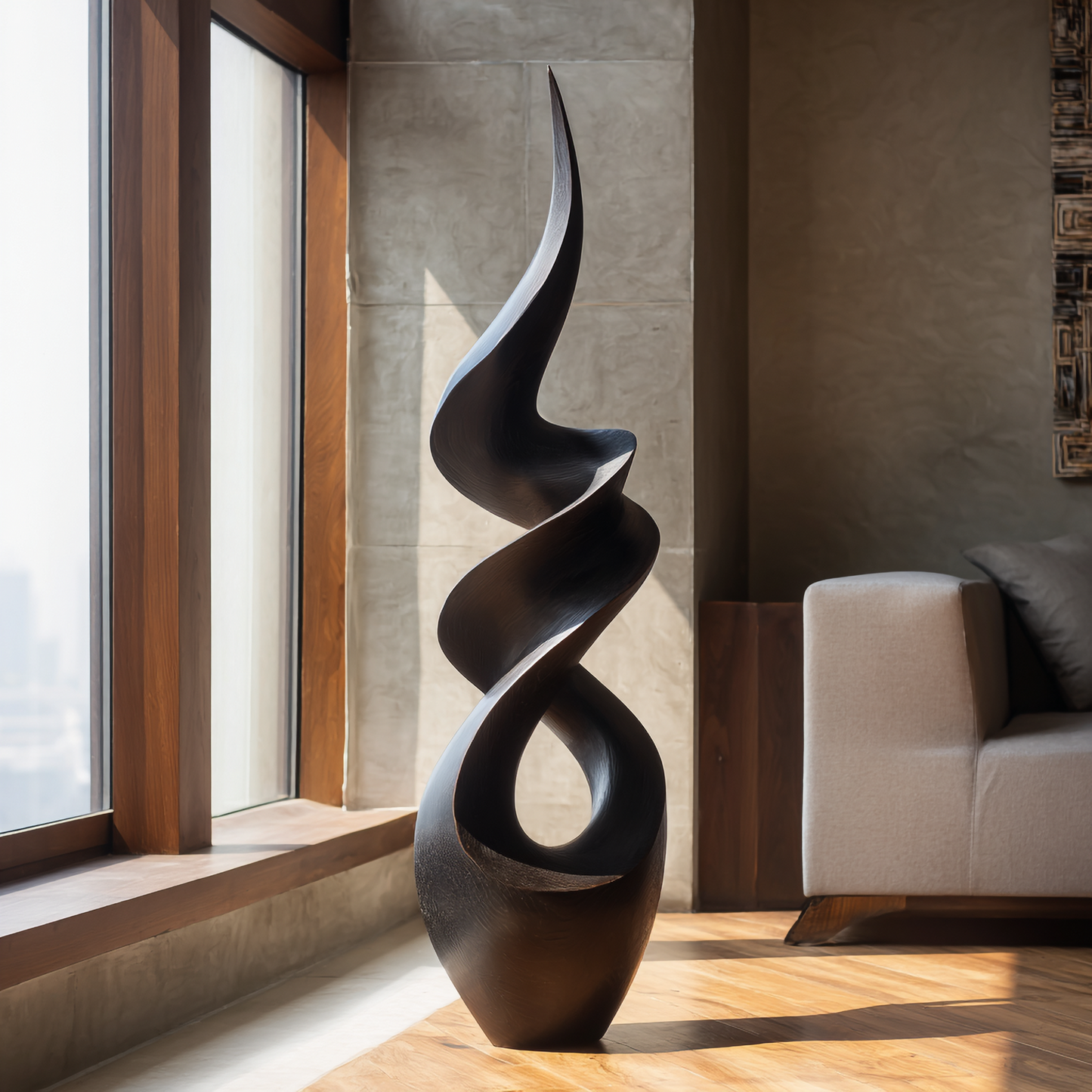 Abstract Twisted Solid Wood Sculpture Handcarved Modern Wooden Floor Art