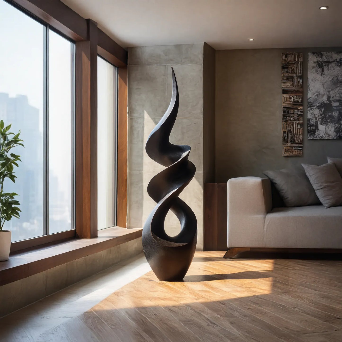 Abstract Twisted Solid Wood Sculpture Handcarved Modern Wooden Floor Art